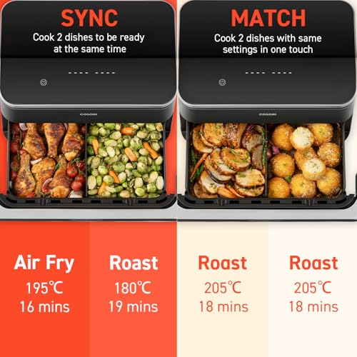 cosori dual air fryer twinfry, 10l flexible capacity, single & double zone convertible, 4 fast heaters cosori dual air fryer twinfry, 10l flexible capacity, single & double zone convertible, 4 fast heaters