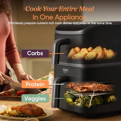 cosori turbotower dual air fryer, 10.8l space saving stacked design, 3 layer cooking cosori turbotower dual air fryer, 10.8l space saving stacked design, 3 layer cooking