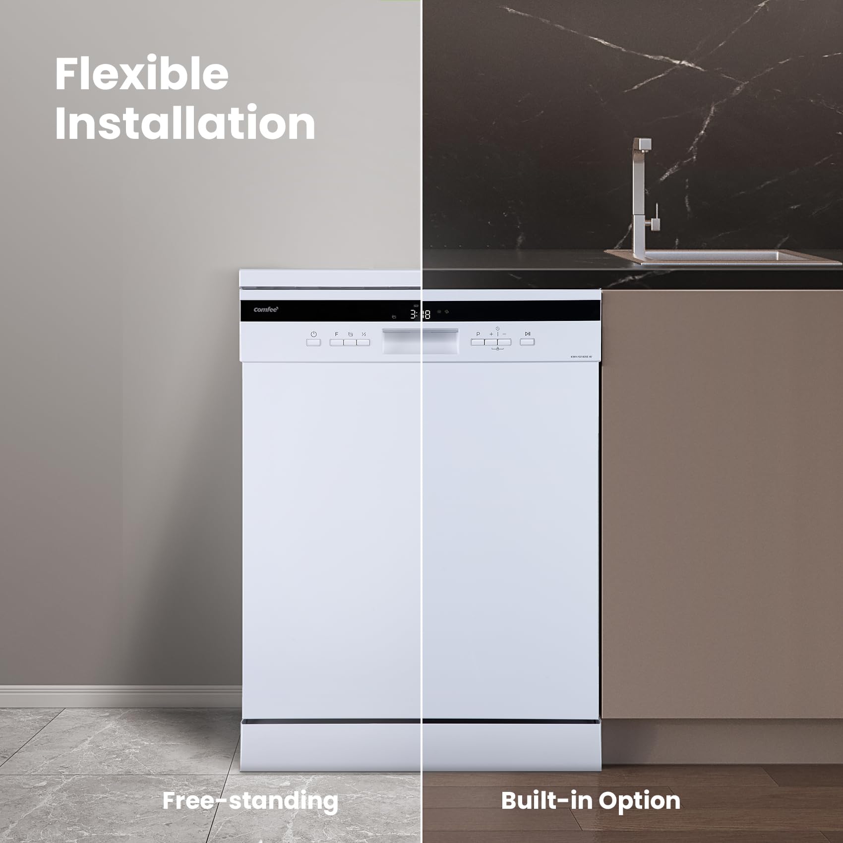 comfee' freestanding dishwasher fd1435e w with 14 place settings, full size, 44db, wide led display comfee' freestanding dishwasher fd1435e w with 14 place settings, full size, 44db, wide led display