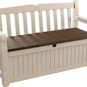 keter eden bench 265l outdoor 60% recycled garden furniture storage box beige & brown wood panel effect