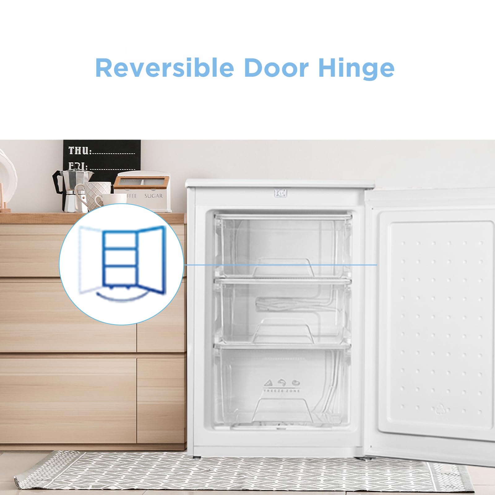 comfee' rcu83wh2(e) 88l freestanding under counter freezer, 55cm wide, reversible door comfee' rcu83wh2(e) 88l freestanding under counter freezer, 55cm wide, reversible door