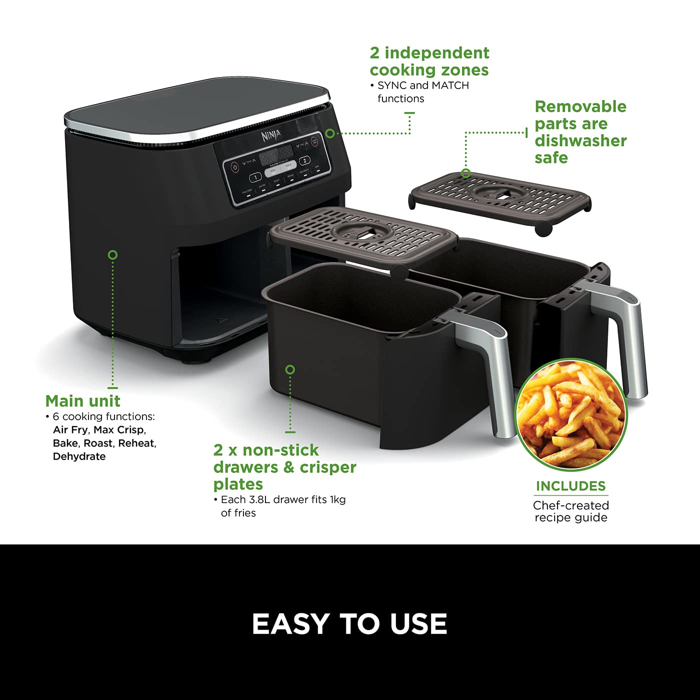 ninja foodi dual zone digital air fryer, 2 drawers, 7.6l, 6 in 1, uses no oil, air fry, max crisp, roast ninja foodi dual zone digital air fryer, 2 drawers, 7.6l, 6 in 1, uses no oil, air fry, max crisp, roast