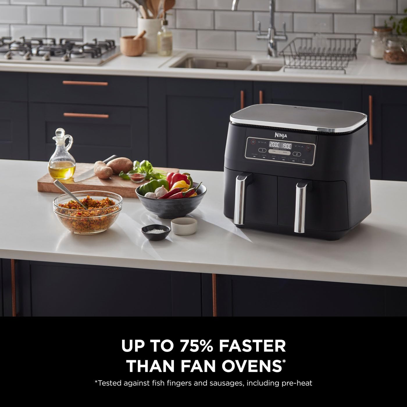 ninja foodi dual zone digital air fryer, 2 drawers, 7.6l, 6 in 1, uses no oil, air fry, max crisp, roast ninja foodi dual zone digital air fryer, 2 drawers, 7.6l, 6 in 1, uses no oil, air fry, max crisp, roast