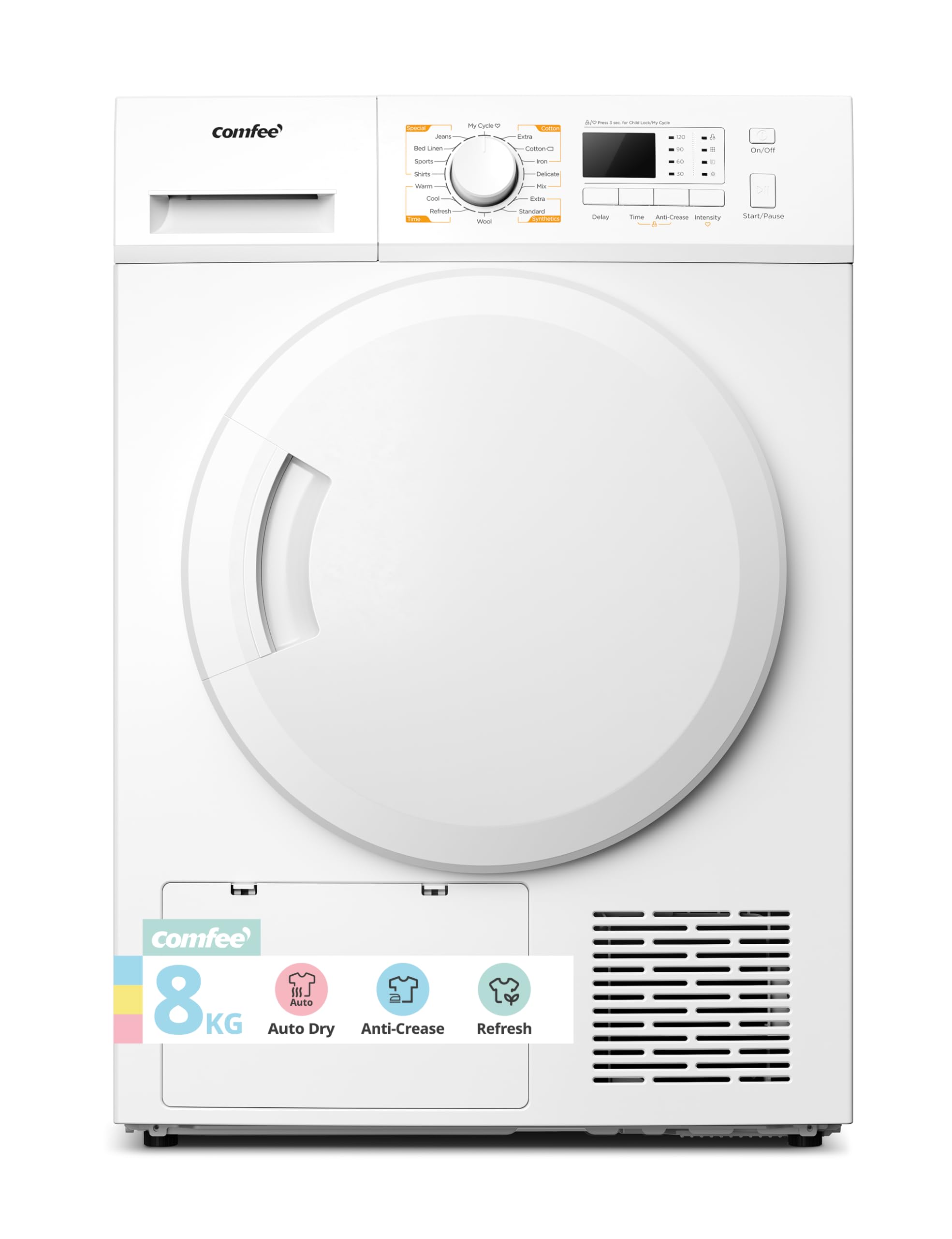 comfee' freestanding heat pump tumble dryer,8kg front load, a+ class, 16 programmes comfee' freestanding heat pump tumble dryer,8kg front load, a+ class, 16 programmes