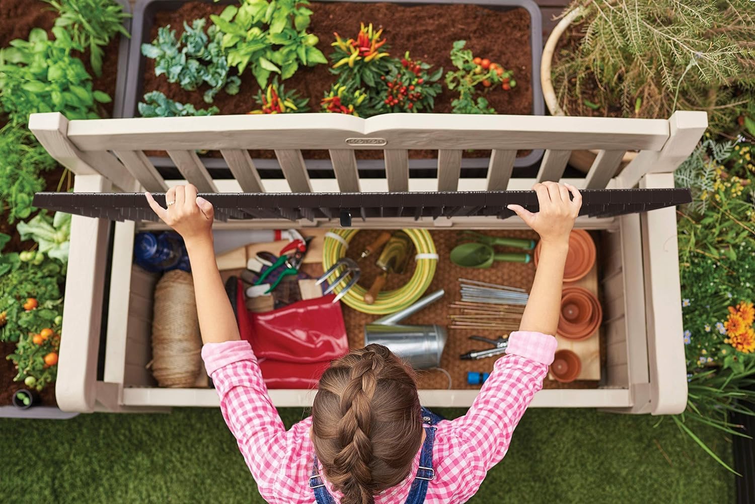 keter eden bench 265l outdoor 60% recycled garden furniture storage box beige & brown wood panel effect keter eden bench 265l outdoor 60% recycled garden furniture storage box beige & brown wood panel effect