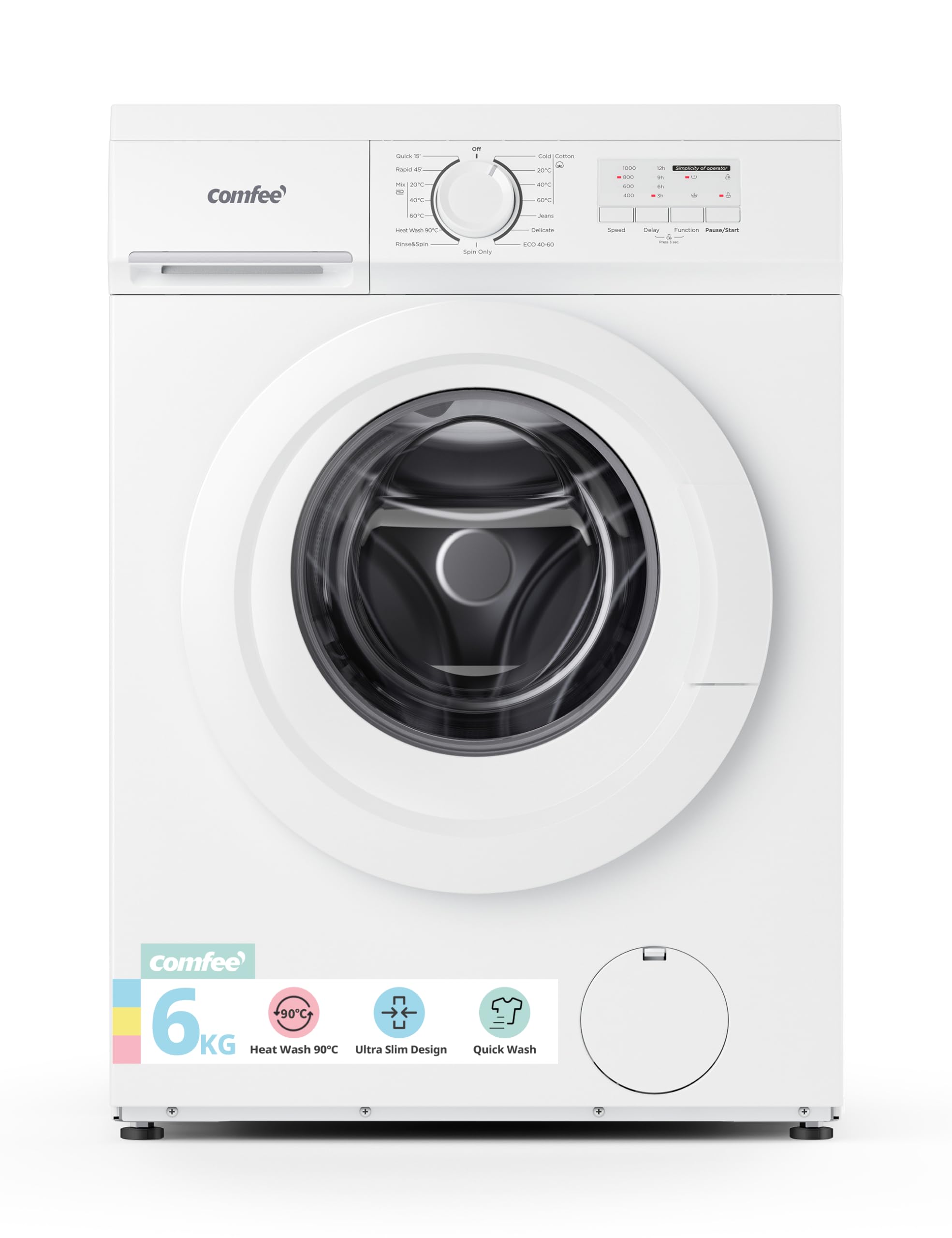 comfee' freestanding washing machine,6kg load,heat wash 90℃,quick wash,15 washing programs,white cfe10ew60/w comfee' freestanding washing machine,6kg load,heat wash 90℃,quick wash,15 washing programs,white cfe10ew60/w