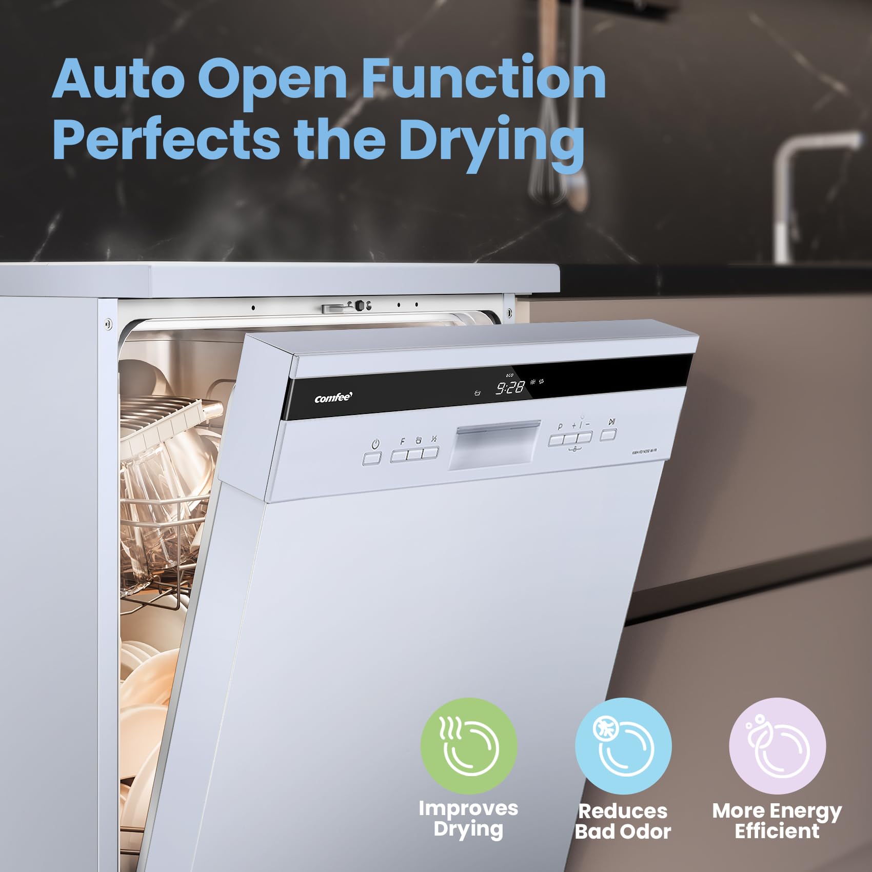 comfee' freestanding dishwasher fd1435e w with 14 place settings, full size, 44db, wide led display comfee' freestanding dishwasher fd1435e w with 14 place settings, full size, 44db, wide led display