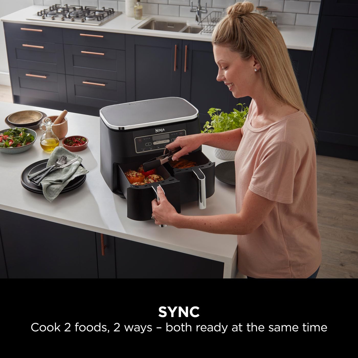 ninja foodi dual zone digital air fryer, 2 drawers, 7.6l, 6 in 1, uses no oil, air fry, max crisp, roast ninja foodi dual zone digital air fryer, 2 drawers, 7.6l, 6 in 1, uses no oil, air fry, max crisp, roast