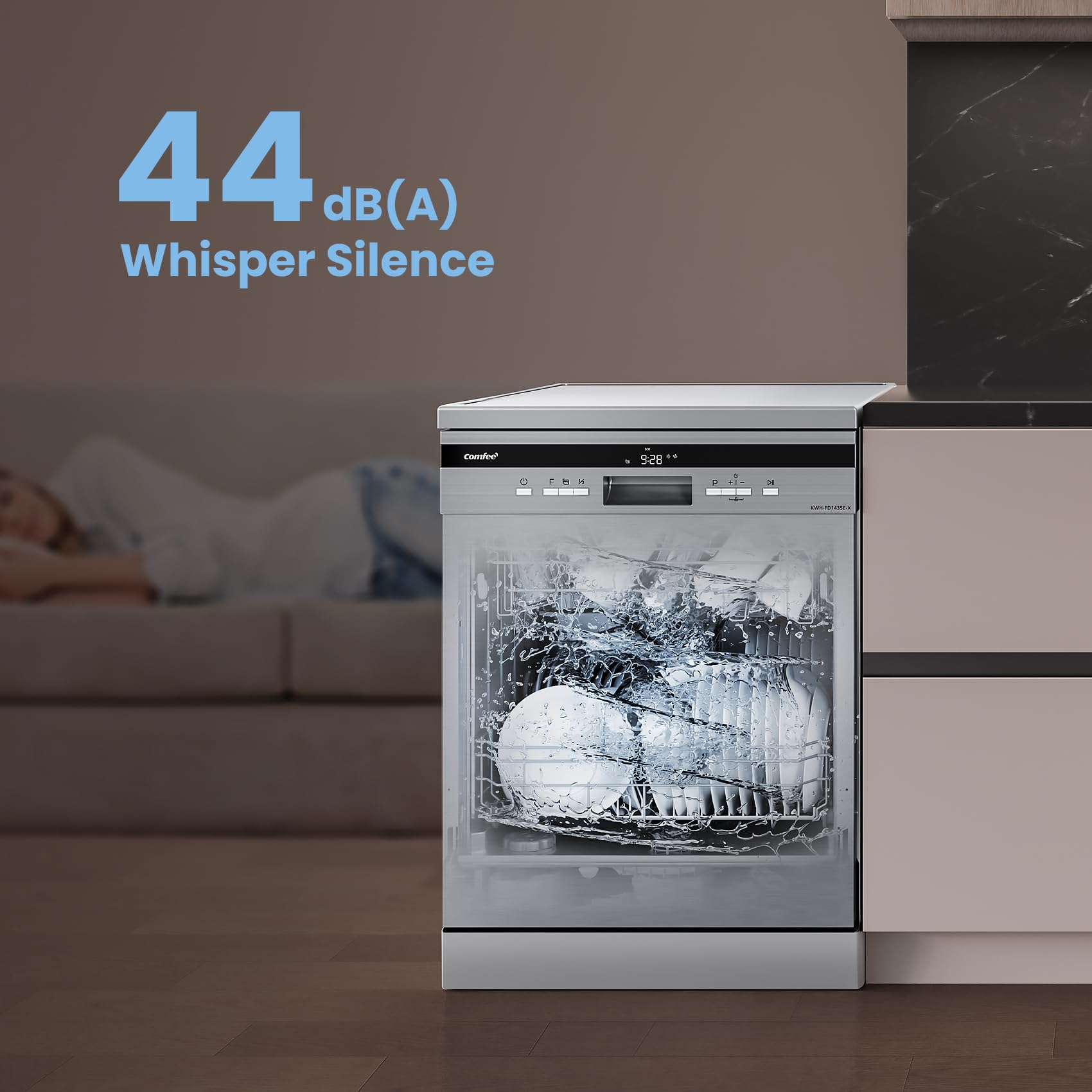 comfee' freestanding dishwasher fd1435e x with 14 place settings, full size, whisper quiet 44db comfee' freestanding dishwasher fd1435e x with 14 place settings, full size, whisper quiet 44db