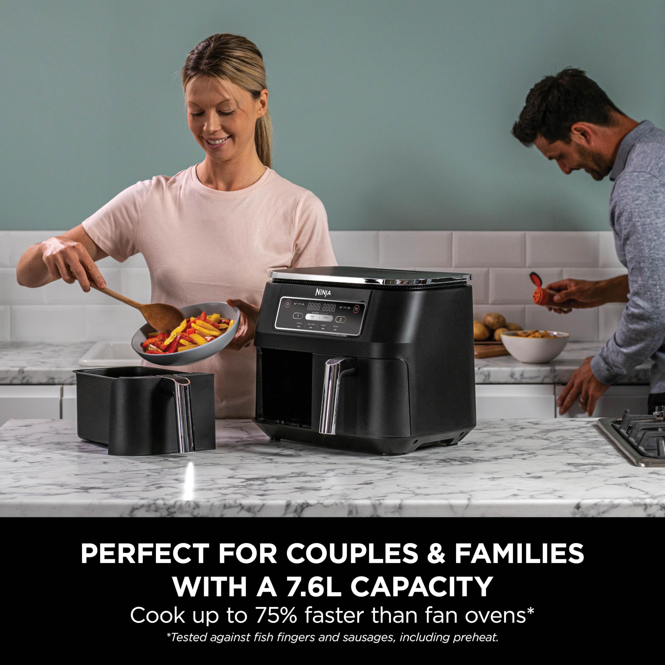 ninja foodi dual zone digital air fryer, 2 drawers, 7.6l, 4 in 1, uses no oil, air fry, max crisp, roast, reheat ninja foodi dual zone digital air fryer, 2 drawers, 7.6l, 4 in 1, uses no oil, air fry, max crisp, roast, reheat