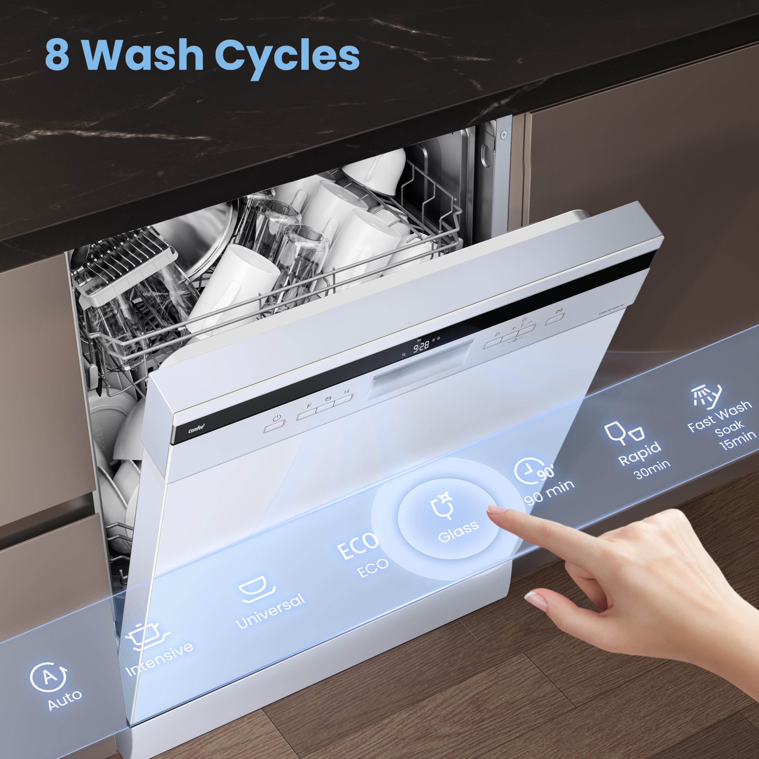 comfee' freestanding dishwasher fd1435e w with 14 place settings, full size, 44db, wide led display comfee' freestanding dishwasher fd1435e w with 14 place settings, full size, 44db, wide led display