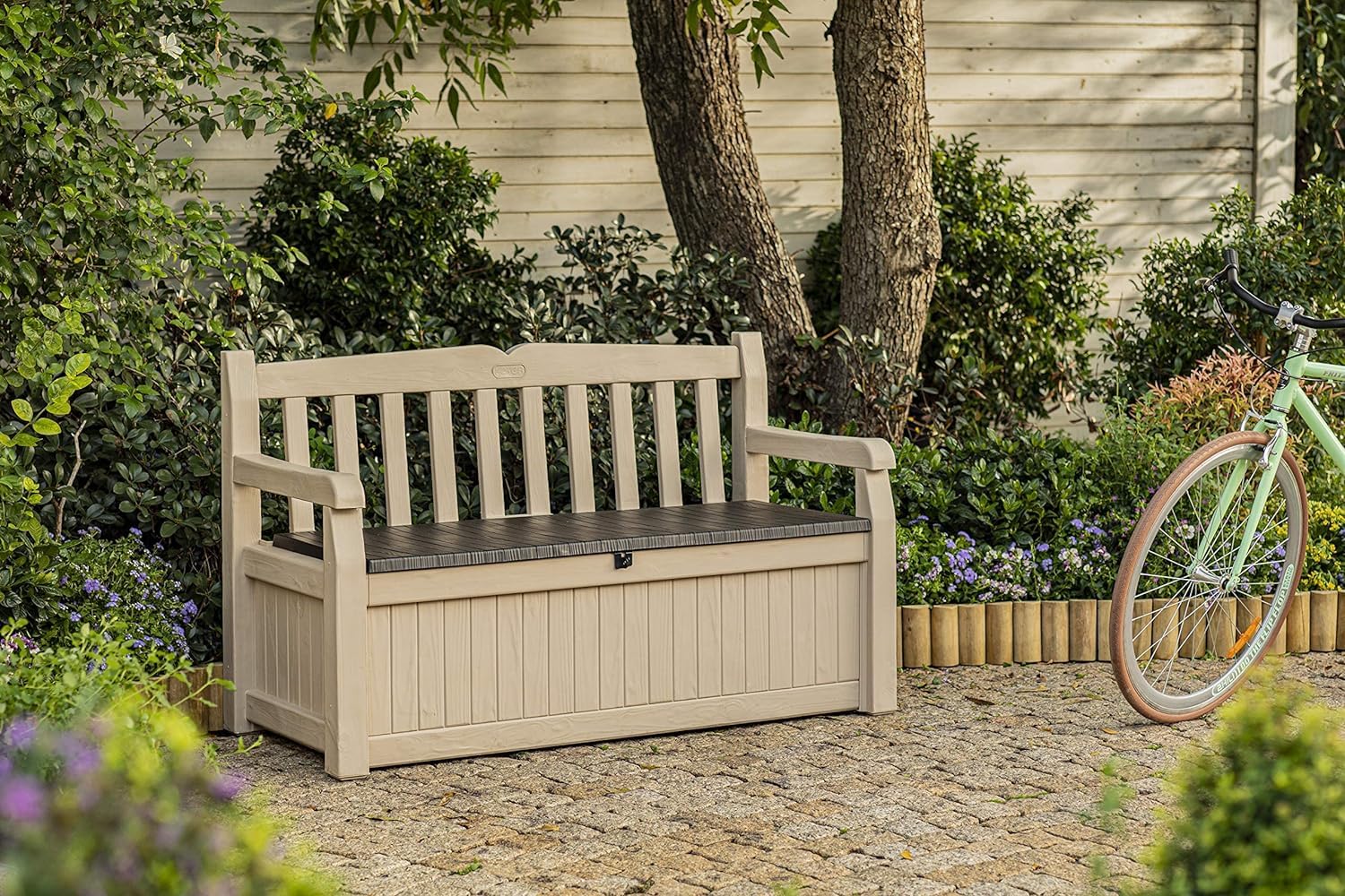 keter eden bench 265l outdoor 60% recycled garden furniture storage box beige & brown wood panel effect keter eden bench 265l outdoor 60% recycled garden furniture storage box beige & brown wood panel effect